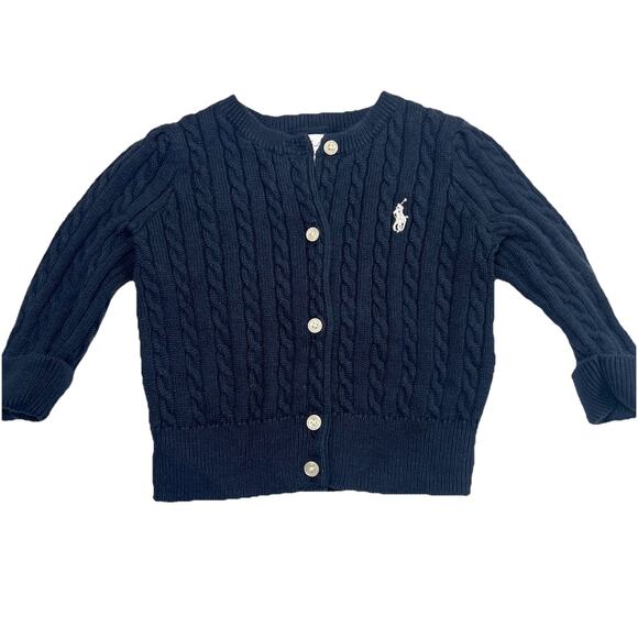Ralph Lauren Cardigan Baby Size 6M Navy Blue Cable Knit Preppy Classic Polo Logo - Picture 1 of 12